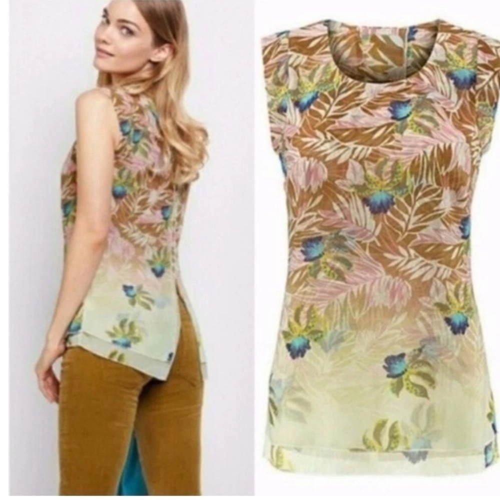 Cabi Siren Top 5216 Tropical Floral Palm Print Split Back Sleeveless Blouse S g5